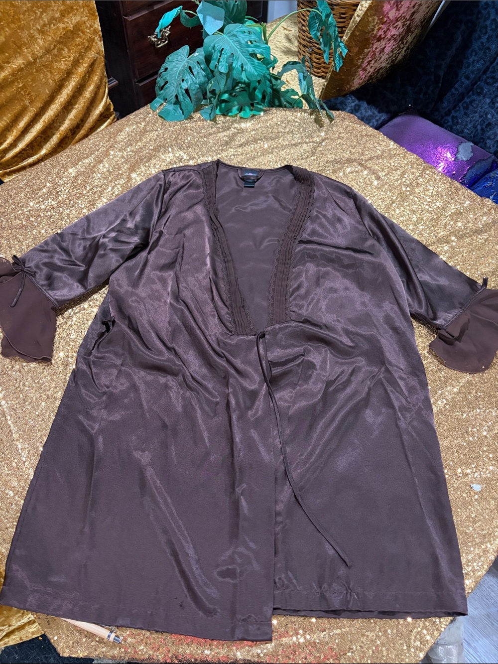 Secret Treasures Dark Brown Satin Robe with Tie Closure